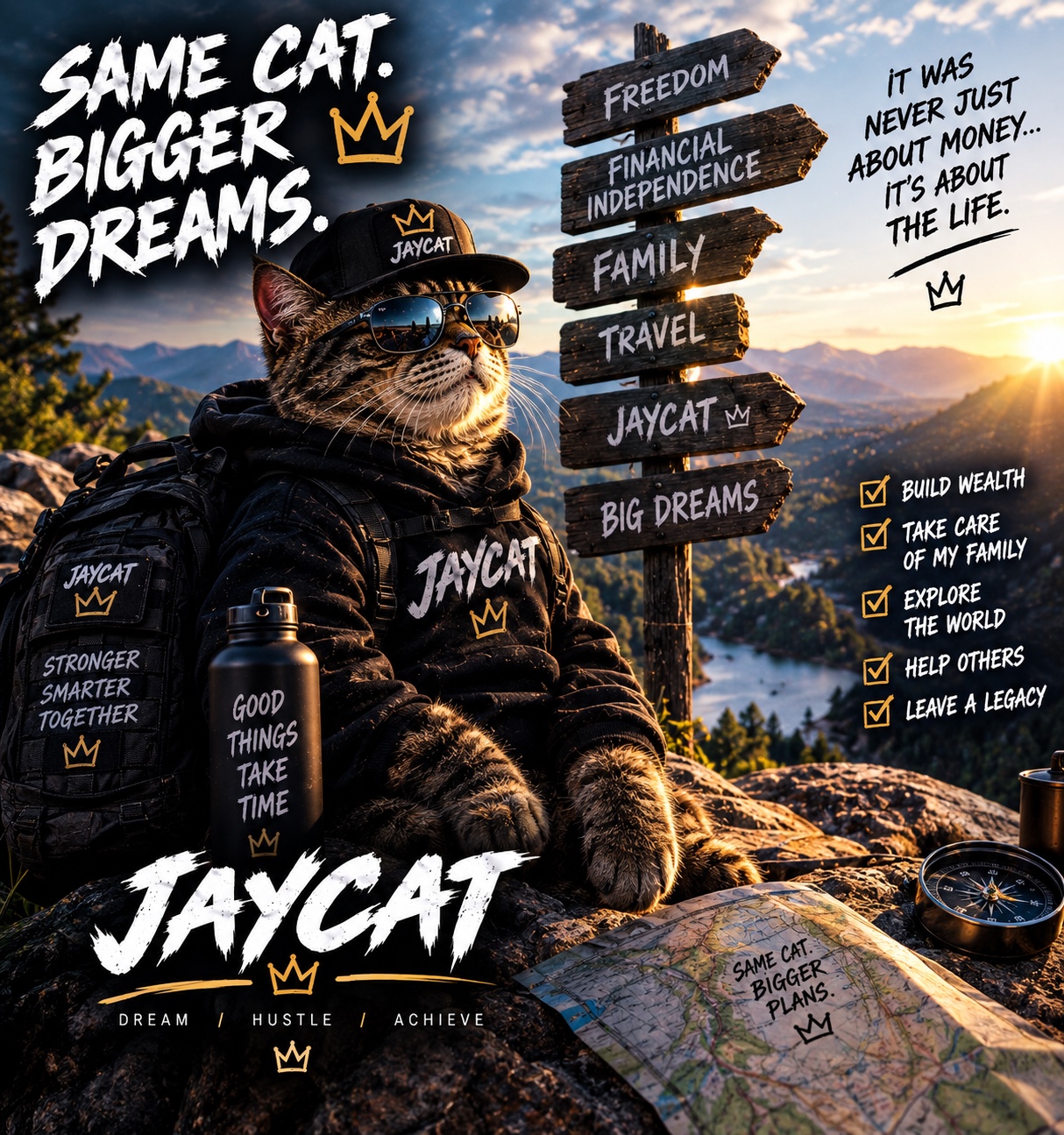 Jaycat overlooking the mountains with bigger dreams